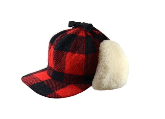 Red checkered hat with ear flaps clearance