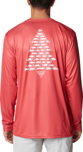 Columbia Men's Terminal Tackle Long Sleeve Fishing Shirt, Collegiate  Navy/Sunset Red Logo, Large Tall