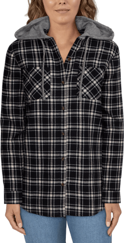 Natural Reflections Hooded Flannel Long-Sleeve Shirt for Ladies - Green Plaid - M