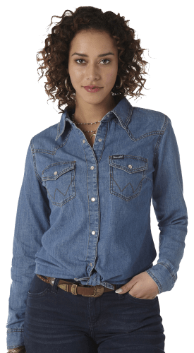 Women's Long Sleeve Western Snap Denim Shirt in Mid Denim