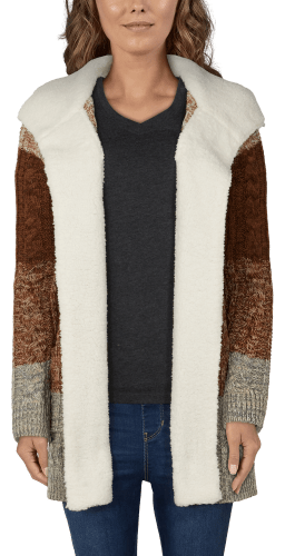 Natural Reflections Stripe Sherpa Hooded Long Sleeve Cardigan for Ladies