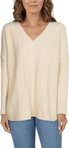 Natural Reflections Cable Pullover V Neck Long Sleeve Sweater for Ladies