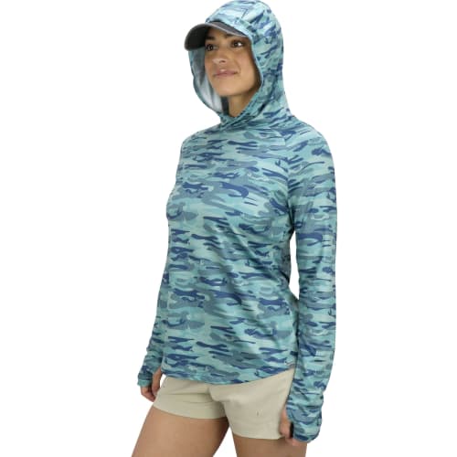 AFTCO Women's Tactical Camo Hooded LS Performance Shirt / Teal Mercam / L