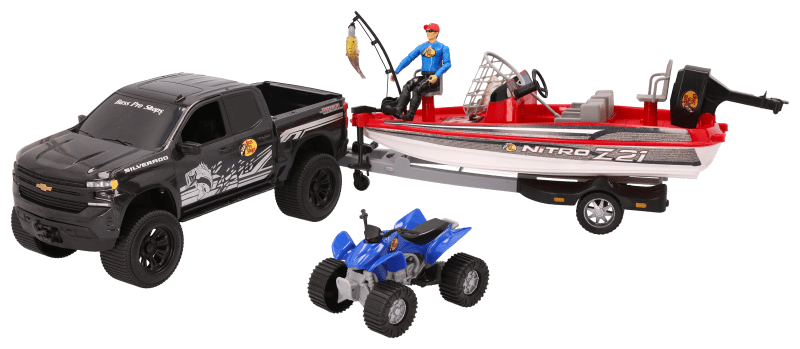 Xtreme Adventure Pick-Up w/ Boat, Fisherman Figure, Fish & Acessories, Red  - New Ray 37136 - 1/20 Scale Model Toy Car