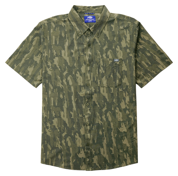 AFTCO Boatbar Short-Sleeve Button-Down Shirt for Men - Olive Current Camo - M