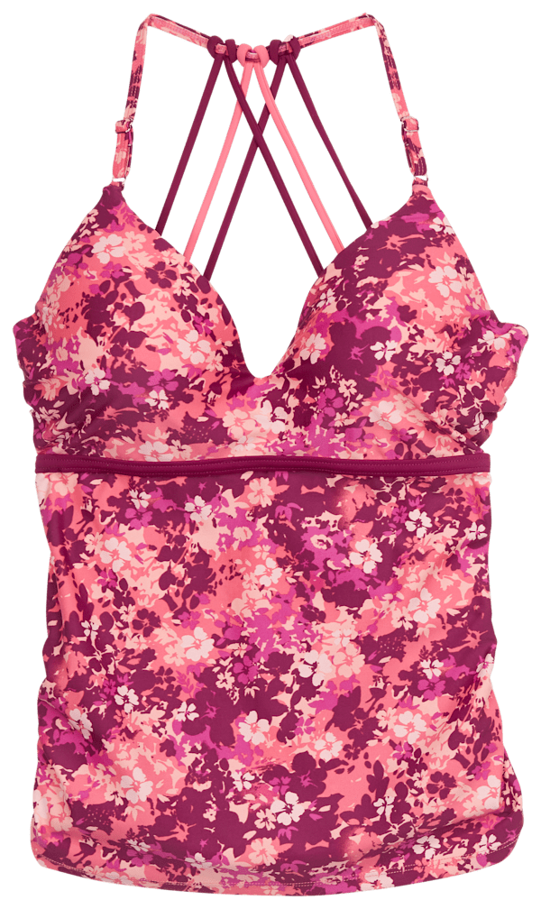 Free Country Triple Strap Tankini Top for Ladies - Floral Camo Peony/Burgundy - S