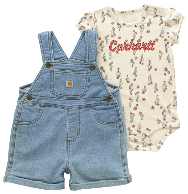 Carhartt Floral Short-Sleeve Bodysuit and Denim Shortalls Set for Babies - Light Wash - 18 Months