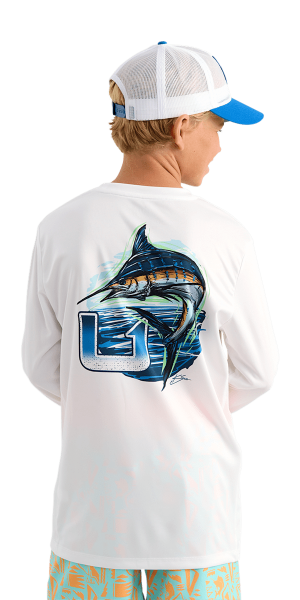 Huk Pursuit KC Graphic Long-Sleeve Crew for Kids - White 6 Marlin - XL