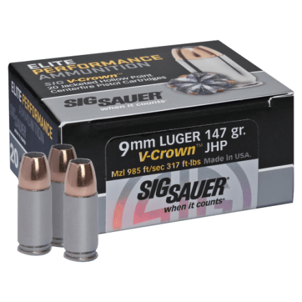 SIG SAUER Elite Performance JHP 9mm Luger 124 Grain V-Crown Handgun Ammo - 20 Rounds