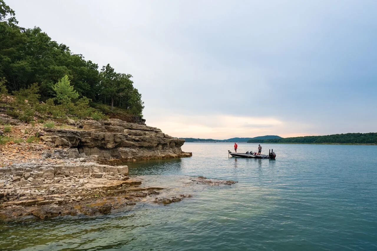Wide view of Bull Shoals Lake with coves and evening light