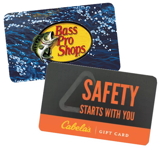 Stack of two gift cards, one with a Bass Pro logo and another with a Cabelas logo and safety message