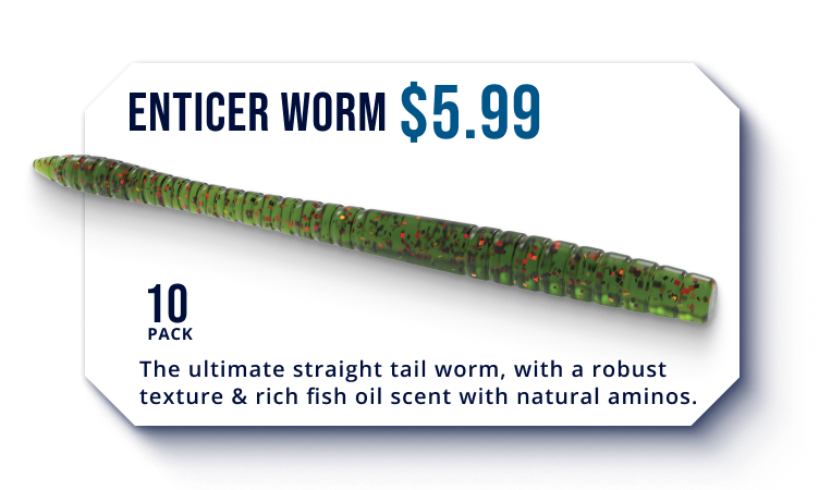 Enticer Worm, %5.99, 10 pack, 7 available colors, new for 2025. The ultimate straight tail worm, with a robust texture & rich fish oil scent with natural aminos.