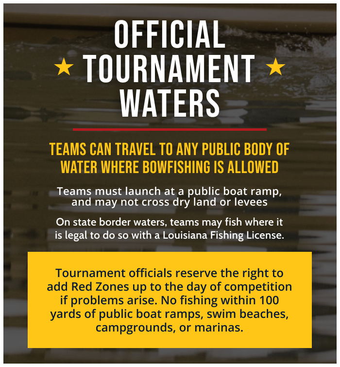 official tournament waters. Teams can travel to any public body of water where bowfishing is allowed. Teams must launch at a public boat ramp, and may not cross dry land or levees. On state border waters, teams may fish where it is legal to do so with a Louisiana Fishing License.Tournament officials reserve the right to add Red Zones up to the day of competition if problems arise.
                No fishing within 100 yards of public boat ramps, swim beaches, campgrounds, or marinas.
