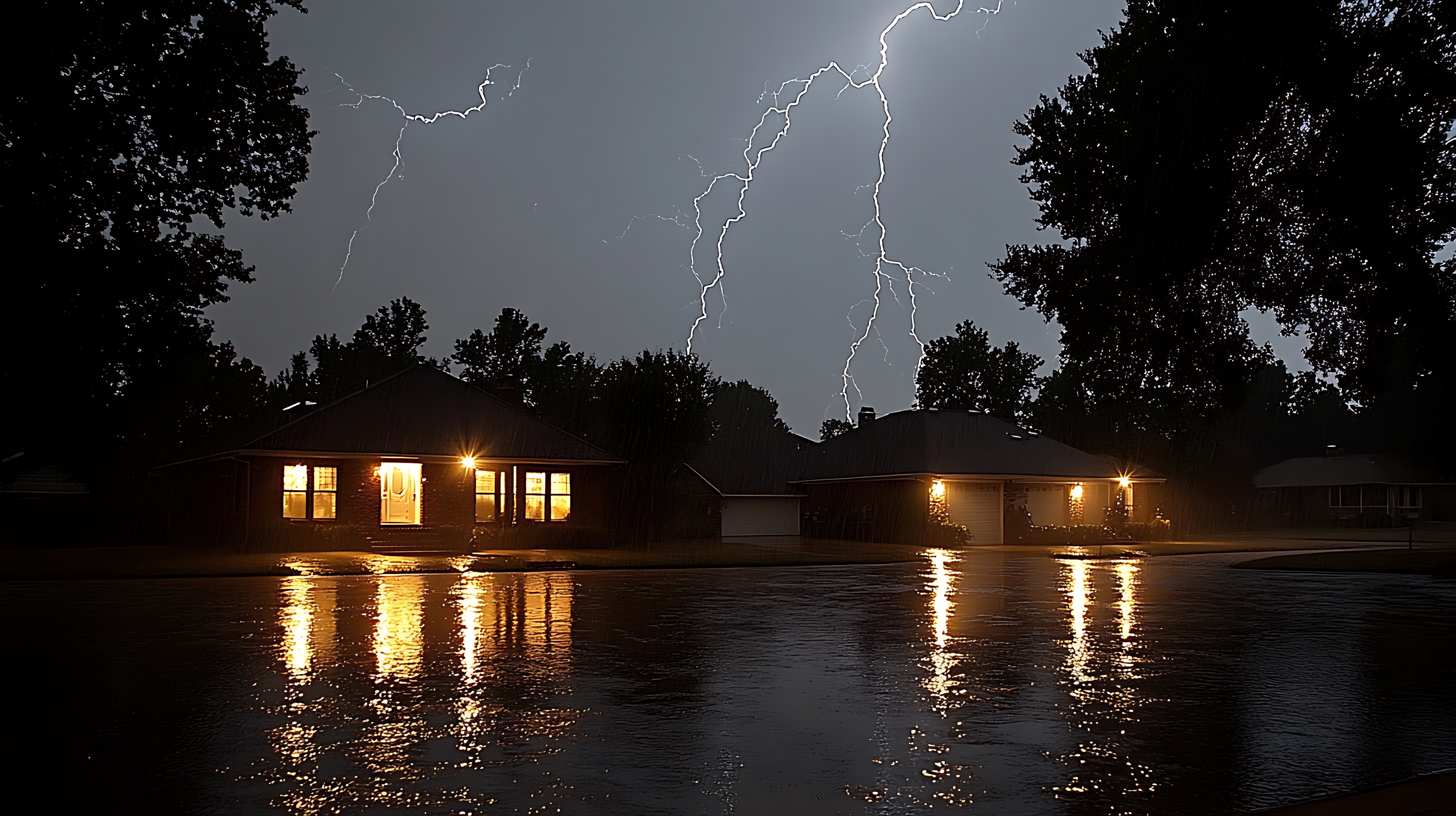 Houses flooding and lightning striking at night