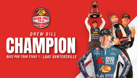 Drew Gill - Champion - Bass Pro Tour Stage 1 | Lake Guntersville. Click to shop pro preferred gear.