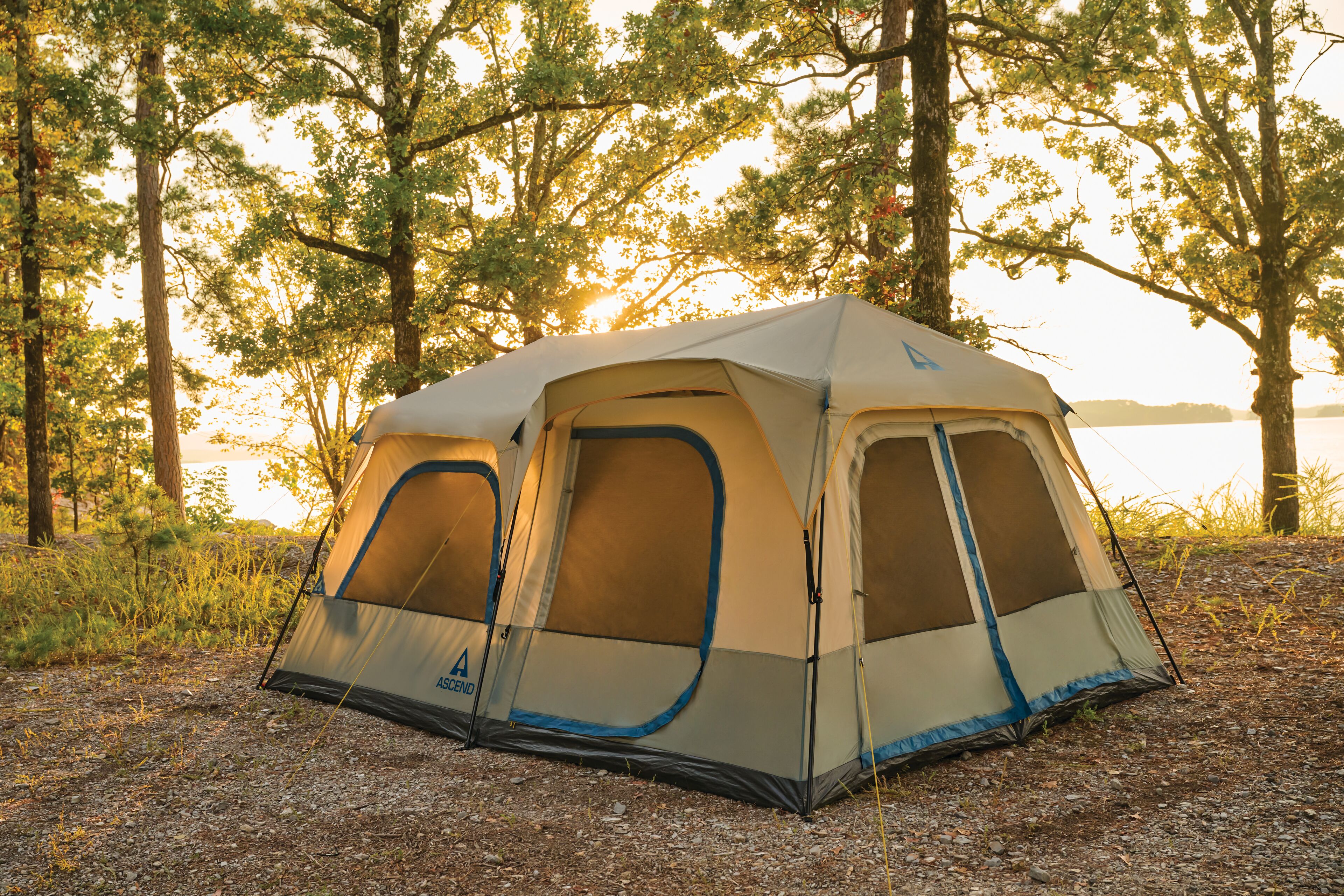 Ascend 10-Person Lighted Instant Cabin Tent set up in a campsite.