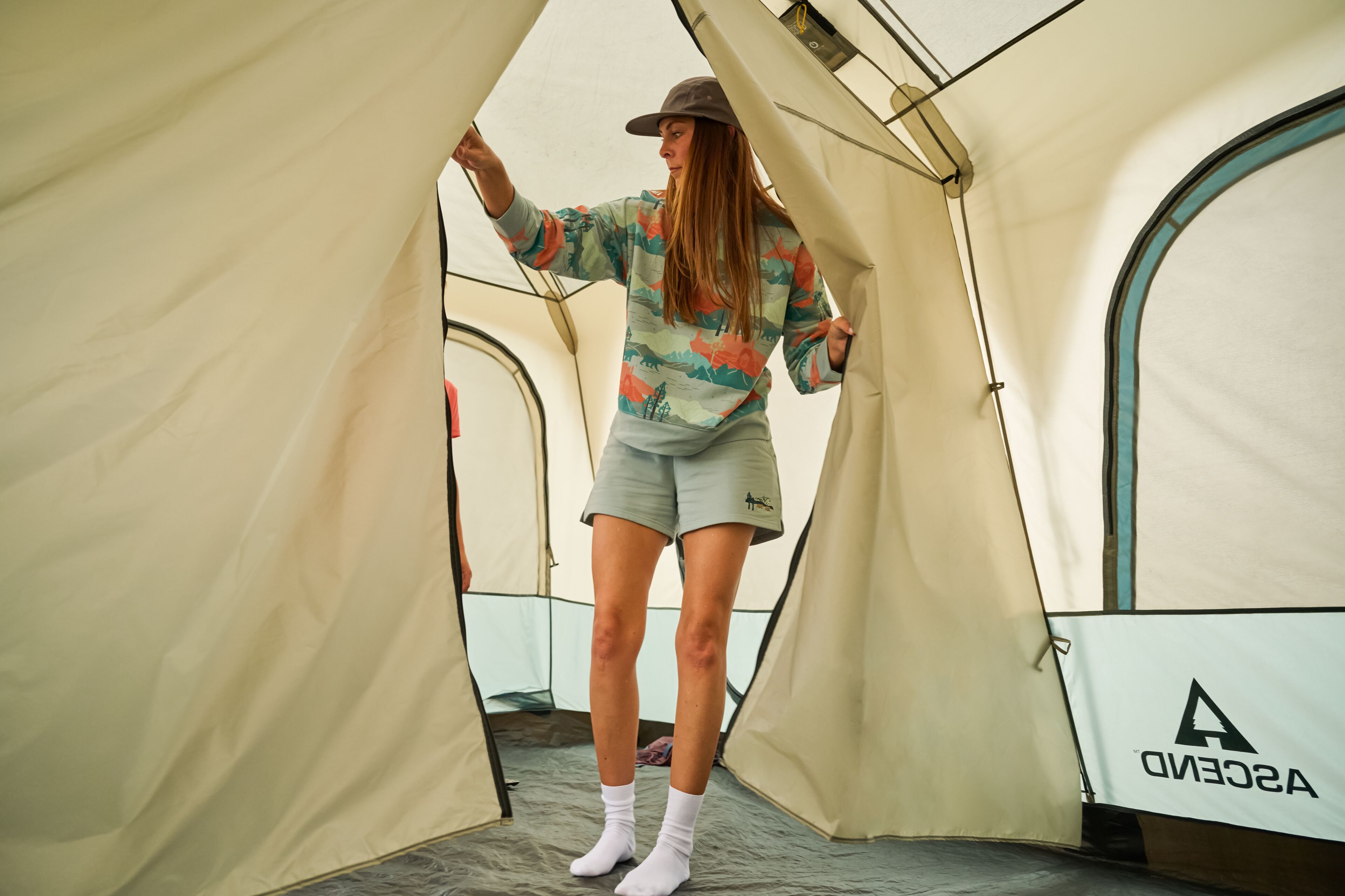 Interior view of an Ascend Lighted Instant Cabin Tent showing the spacious cabin-style design.