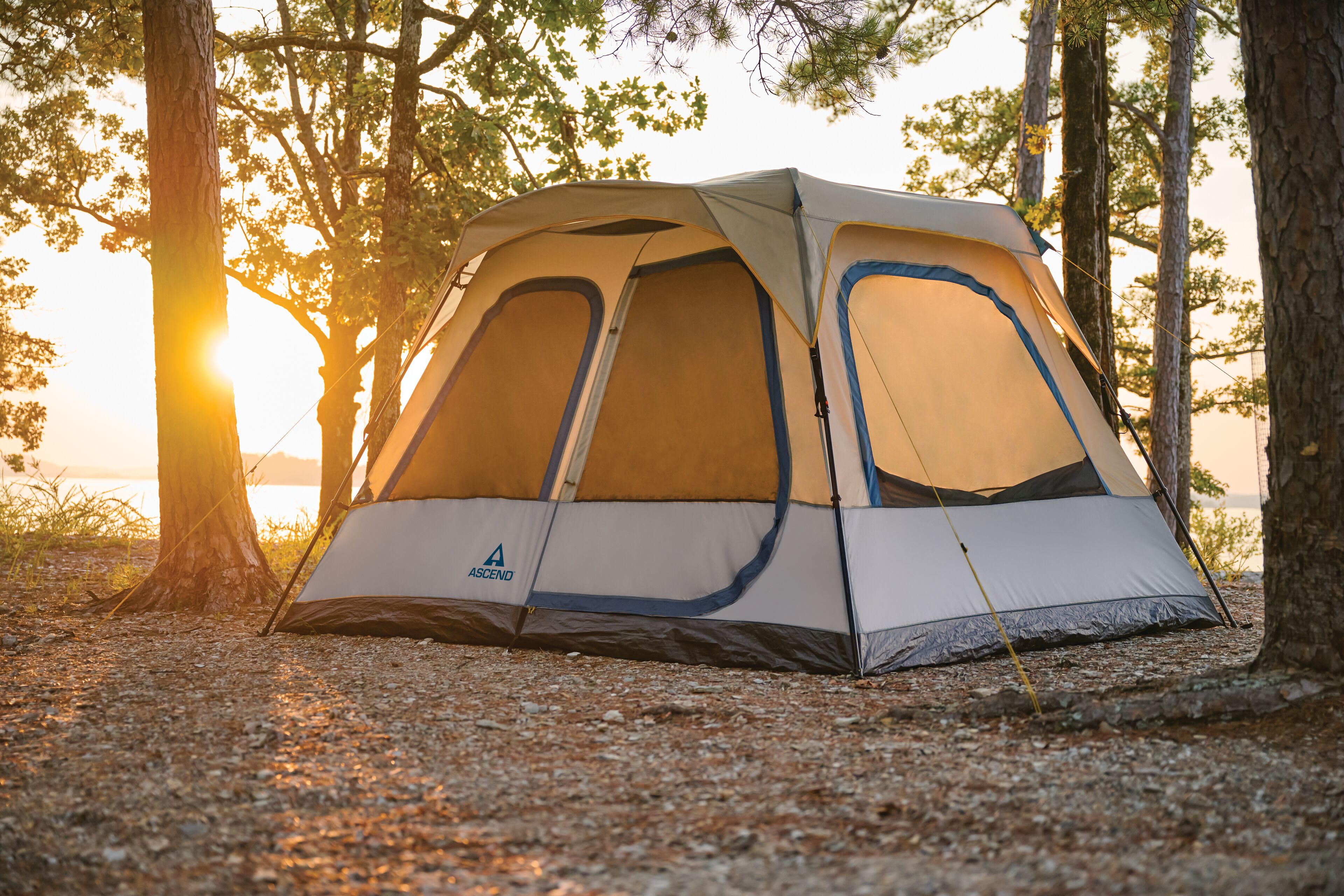 Ascend 6-Person Lighted Instant Cabin Tent set up in a campsite.
