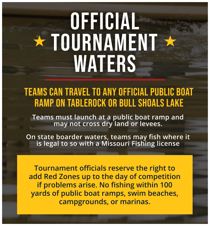 official tournament waters. Teams can travel to any public body of water where bowfishing is allowed. Teams must launch at a public boat ramp, and may not cross dry land or levees. On state border waters, teams may fish where it is legal to do so with a Louisiana Fishing License.Tournament officials reserve the right to add Red Zones up to the day of competition if problems arise.
                No fishing within 100 yards of public boat ramps, swim beaches, campgrounds, or marinas.