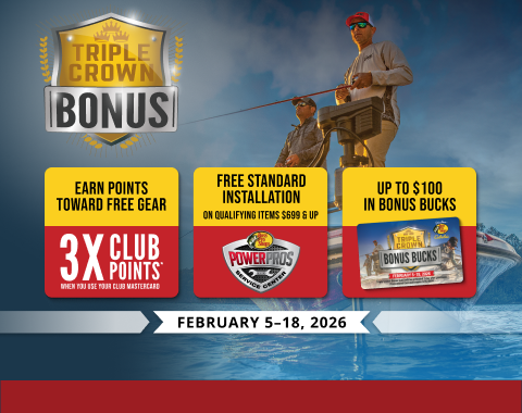 Triple crown bonus. Earn points towards 3X CLUB points when you use CLUB mastercard. Free standard installation on qualifying items $699 & up. up to $100
          in bonus bucks. February 5–18, 2026